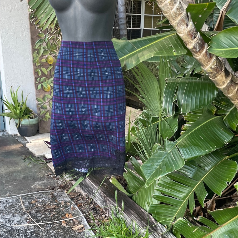 Purple and blue plaid pencil skirt with lace trim